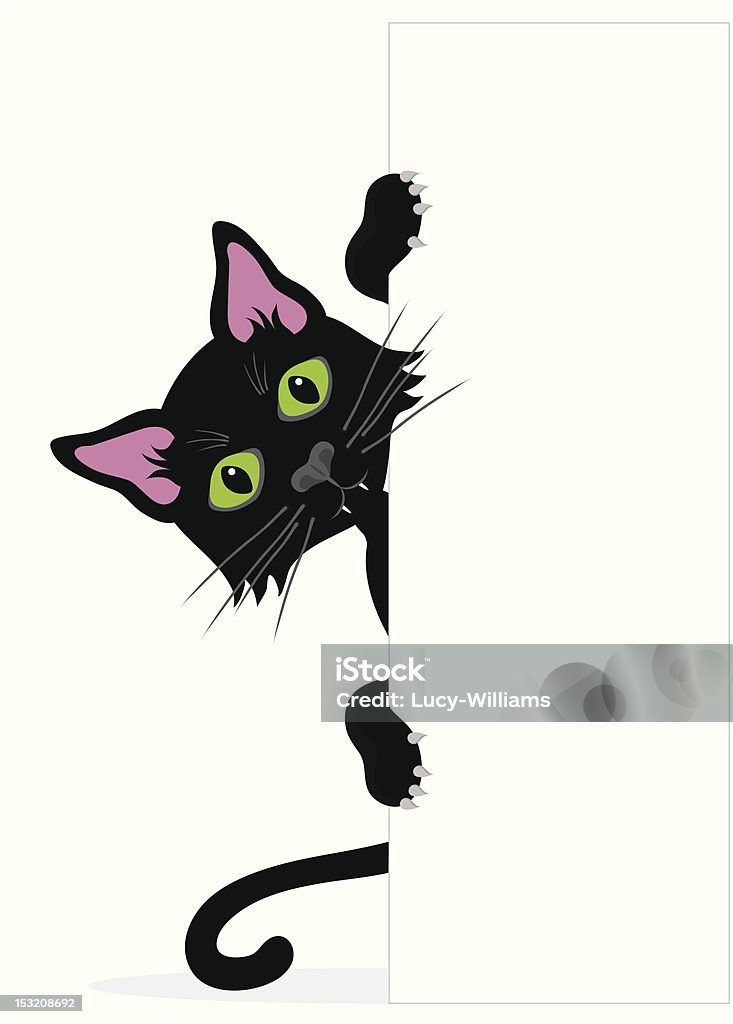 Black cat peeping en el lado de la señal en blanco. - arte vectorial de Agarrar libre de derechos