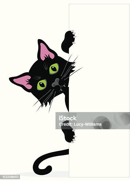 Ilustración de Black Cat Peeping En El Lado De La Señal En Blanco y más Vectores Libres de Derechos de Agarrar