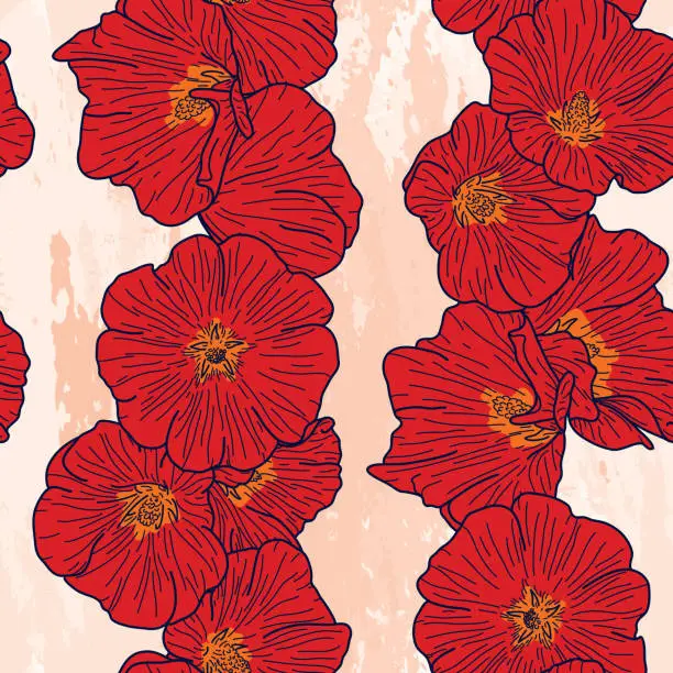 Vector illustration of Big Hollyhock Floral Chain Seamless Pattern Background