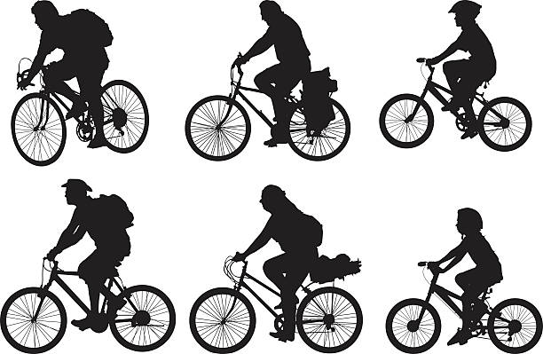 ilustraciones, imágenes clip art, dibujos animados e iconos de stock de bicyclist siluetas - bicycle isolated white background cycling