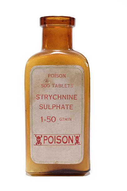 Antique pharmacy bottle of strychnine poison on white background stock photo