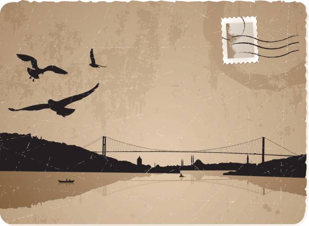 vintage istanbul postkarte - bosporus stock-grafiken, -clipart, -cartoons und -symbole
