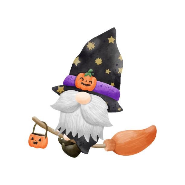 illustrations, cliparts, dessins animés et icônes de aquarelle mignon gnome happy halloween party vector illustration sur fond blanc - gnome troll wizard dwarf