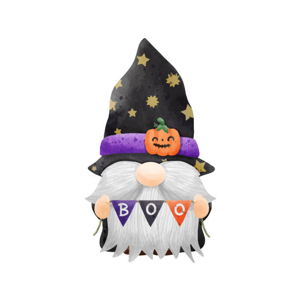 illustrations, cliparts, dessins animés et icônes de aquarelle mignon gnome happy halloween party vector illustration sur fond blanc - gnome troll wizard dwarf