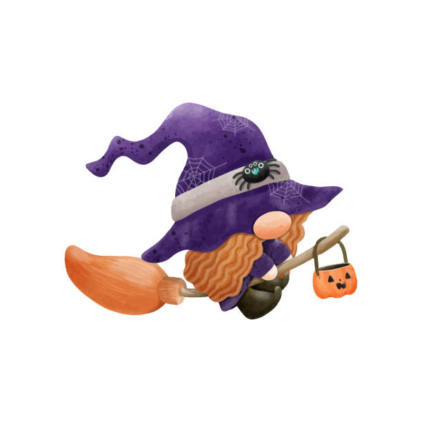 illustrations, cliparts, dessins animés et icônes de aquarelle mignon gnome happy halloween party vector illustration sur fond blanc - gnome troll wizard dwarf