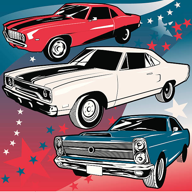 illustrazioni stock, clip art, cartoni animati e icone di tendenza di american muscolo automobili - vehicle part motor vehicle car customized