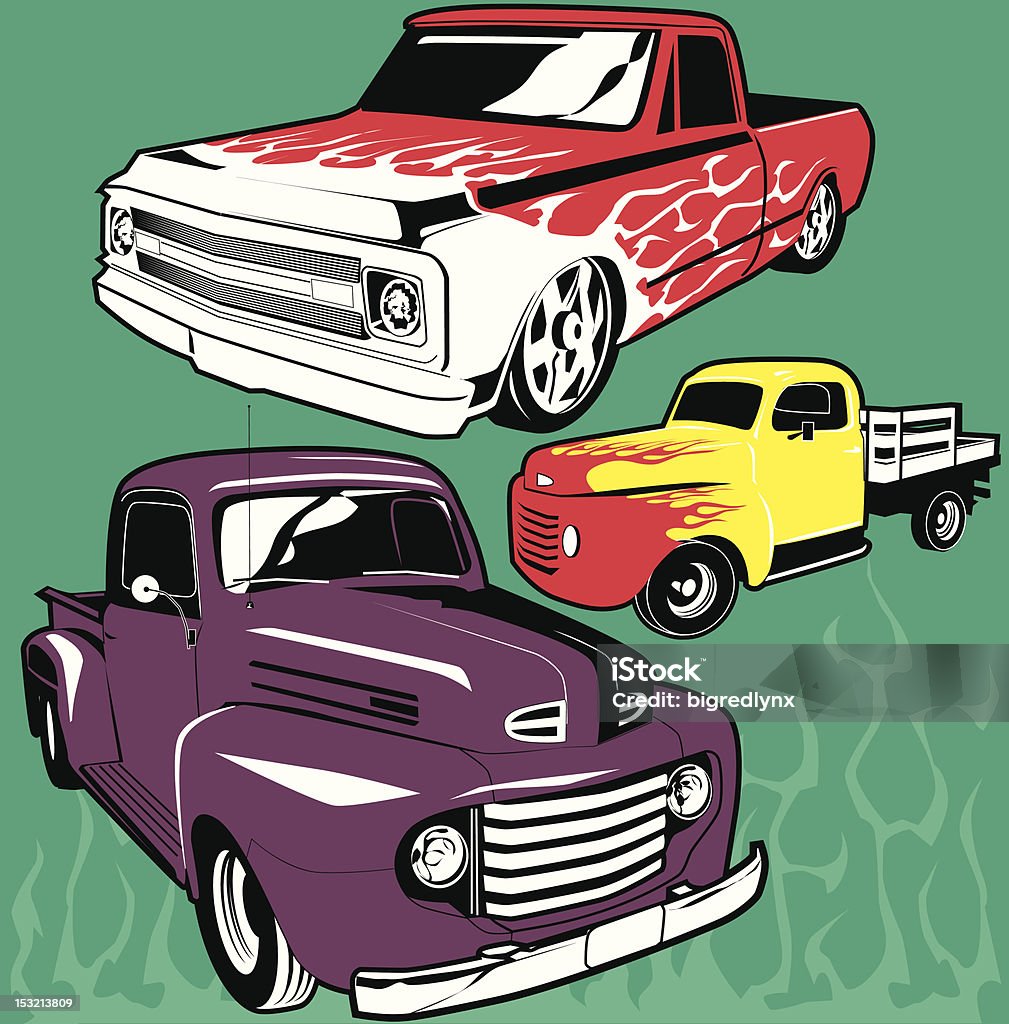 Hot Rod Trucks Custom made "street rods". This art is hand traced from photos I took at a local car show - art is very clean with minimal points. Pick-up Truck stock vector