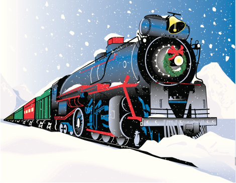 An old-fashioned, festive holiday train.