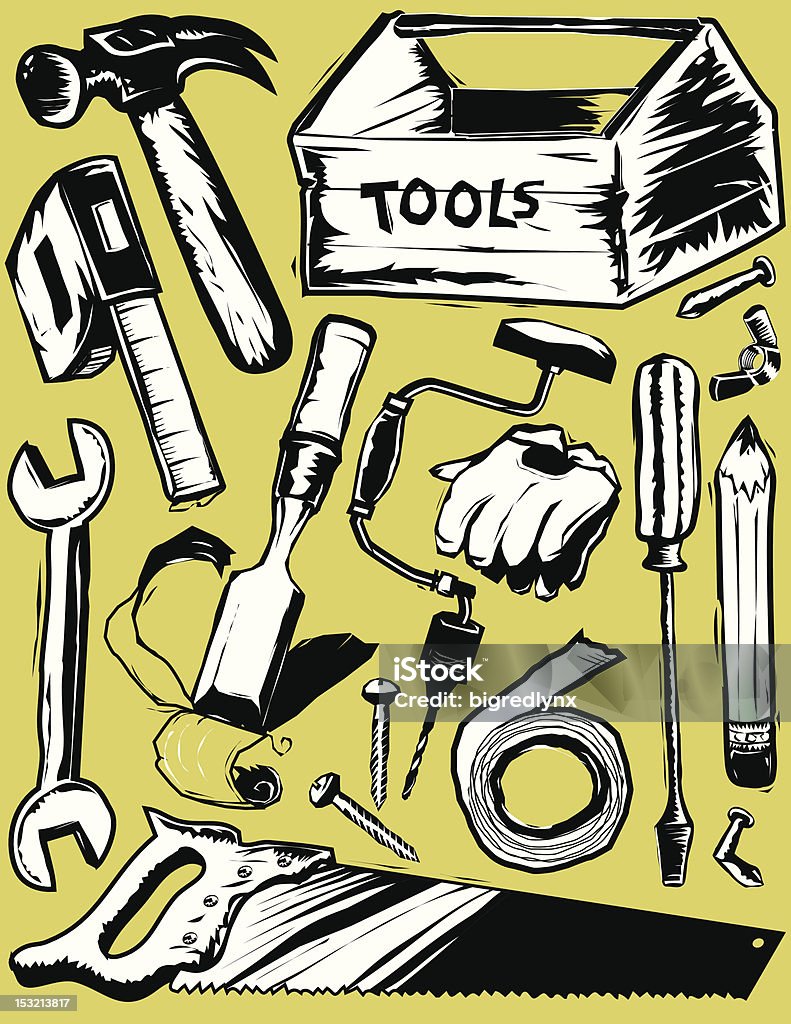 Rough Tools Collection of rustic-style tools and accessories Nail - Work Tool stock vector