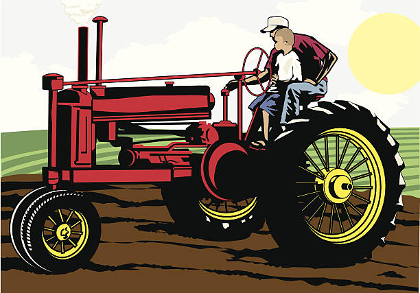 파더 & son 파밍 - agricultural machinery retro revival summer farm stock illustrations