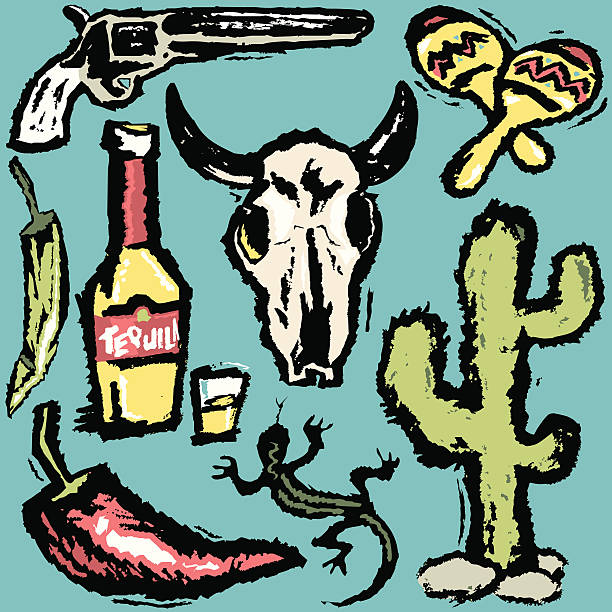 юго-западном стиле гранж stock - vector illustration and painting animal skull cactus stock illustrations