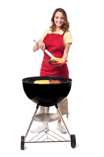 Young blonde woman Cooking with barbecue Isolated on White Background