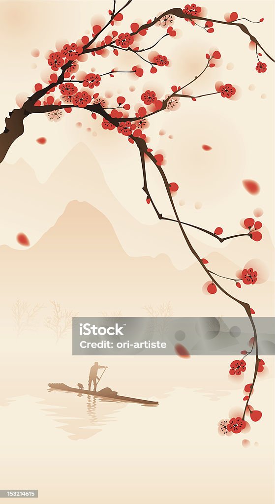 Pintura de estilo oriental, en primavera flor de la ciruela - arte vectorial de Aire libre libre de derechos