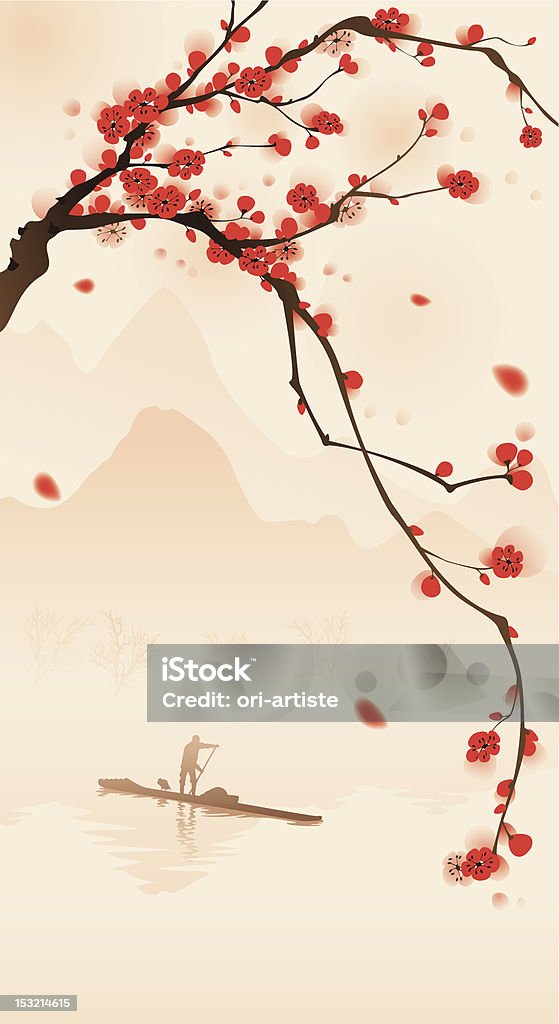 Peinture de style oriental, Fleur de prunier au printemps - clipart vectoriel de Arbre libre de droits