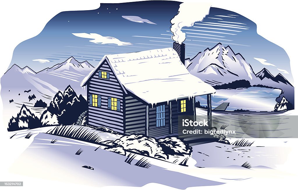 Verschneite Berglandschaft Kabine - Lizenzfrei Blockhütte Vektorgrafik