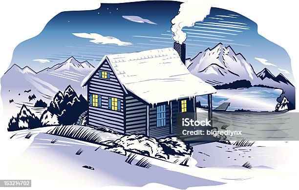 Verschneite Berglandschaft Kabine Stock Vektor Art und mehr Bilder von Blockhütte - Blockhütte, Holzschnitt, Landschaft