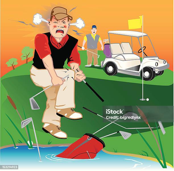 Злая Пакет Услуг Golfer Разбивать Клубов И Бросать Их В Пруд — стоковая векторная графика и другие изображения на тему Гнев