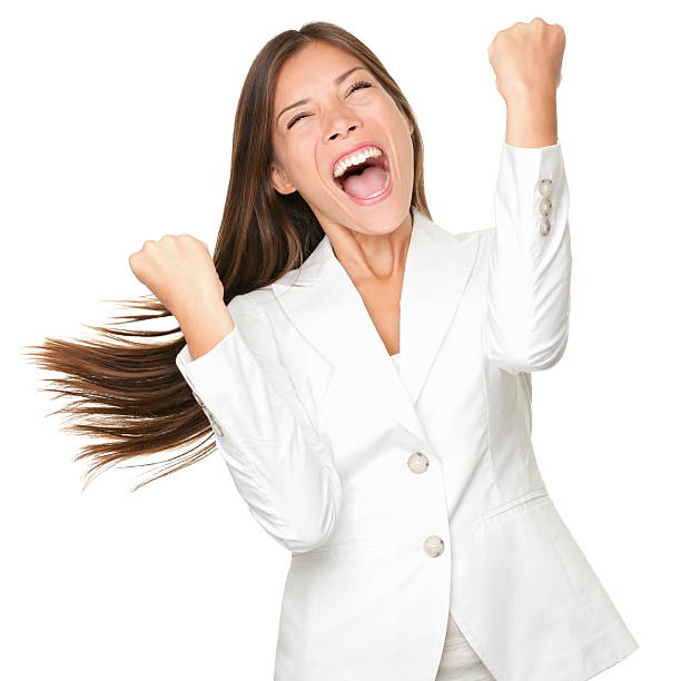 felice vincitore-donna d'affari di successo - businesswoman business cheering women foto e immagini stock