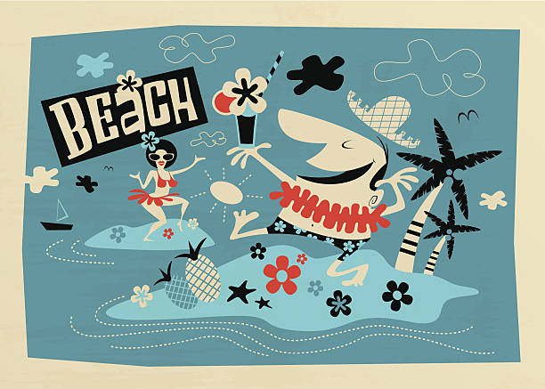 ilustraciones, imágenes clip art, dibujos animados e iconos de stock de fiesta de playa - 1950s style 1960s style dancing image created 1960s