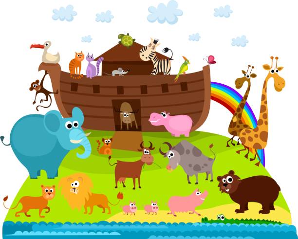 ilustraciones, imágenes clip art, dibujos animados e iconos de stock de noah del arca - ark ship cow pig