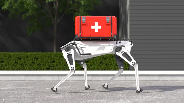 Robot dog Going to deliver the first aid box, Emergency medical care concept