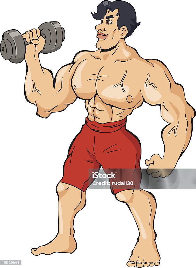 Bodybuilder Cartoon illustration of a muscular man holding a dumbbell Active Lifestyle stock vector