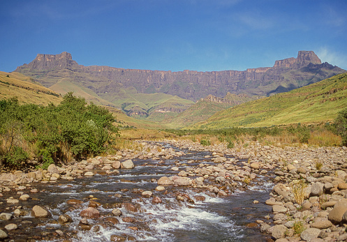 The main feature of Royal Natal National Park in KwaZulu-Natal in South Africa is the world famous Amphitheater, a rock wall that is approximately five km in length, and approximatlely 500m high.