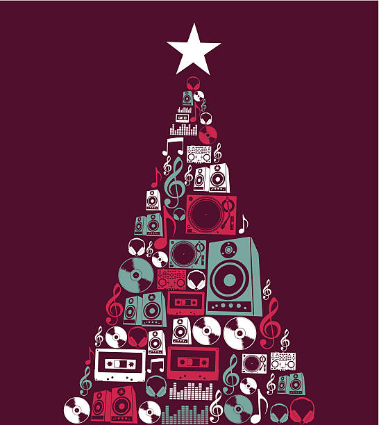 ilustraciones, imágenes clip art, dibujos animados e iconos de stock de música de dj elementos árbol de navidad de - retro christmas audio