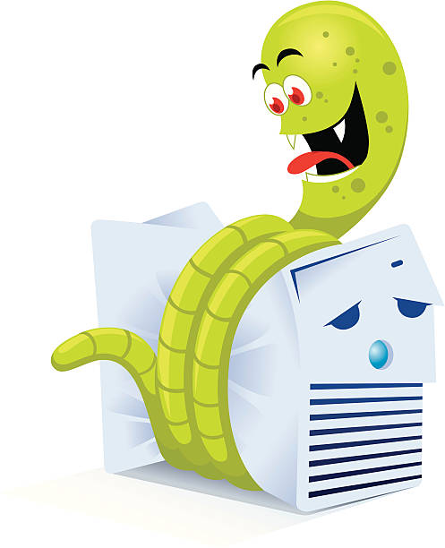 Computer Worm Computer badly damaged by a worm. Fully editable EPS files format. AI and PDF files included. computer worm computer bug cartoon stock illustrations