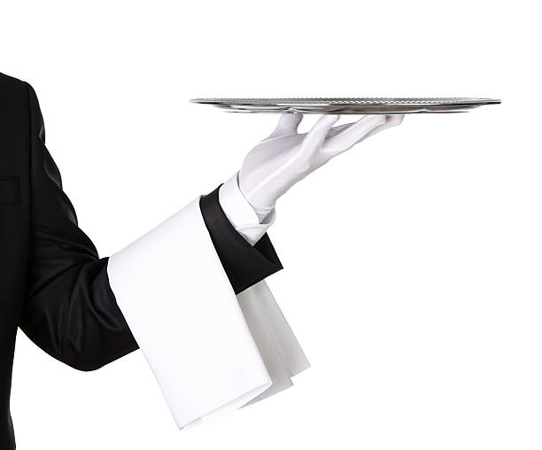 ilustração de um empregado de mesa segurando a bandeja de prata - tray glove butler white imagens e fotografias de stock