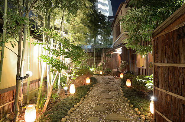 alley w japonii - formal garden ornamental garden lighting equipment night zdjęcia i obrazy z banku zdjęć