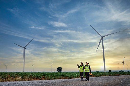 Team of male and female engineers Maintenance works on the wind farm in the evening.