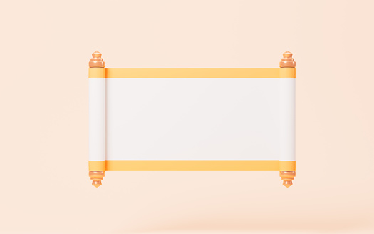 Empty opening scroll on the yellow background, 3d rendering. Digital drawing.