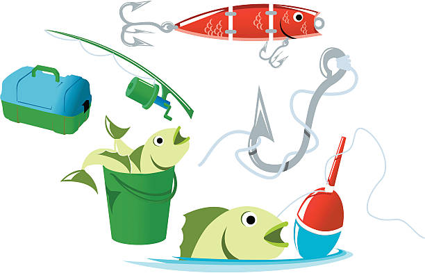ilustraciones, imágenes clip art, dibujos animados e iconos de stock de equipo de pesca - minnow