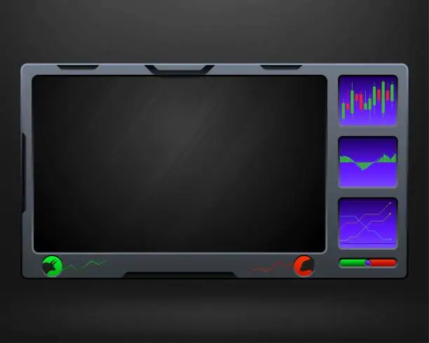 Vector illustration of Live stream overlay for stock market or cryptocurrency trading video broadcasts with candlestick chat panel, bull and bear market alerts, statistics chart panels and essential trading setup elements