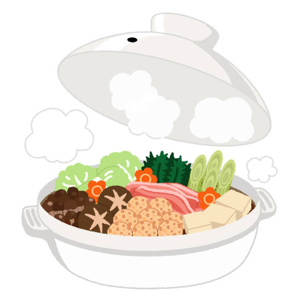 A one-pot meal A one-pot meal is a hot dish that is eaten while simmering in a pot. A dish eaten while cooking with a pot and a heat source at the table. crown daisy stock illustrations