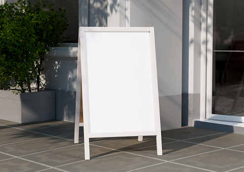 White Board, welcome sign Mockup , outdoors. Greeting template with clipping path. 3D rendering