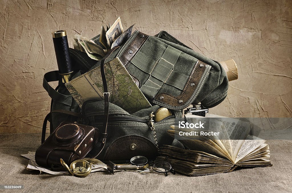 Travel theme still life Still life with an old backpack and travel accessories Navigational Compass Stock Photo