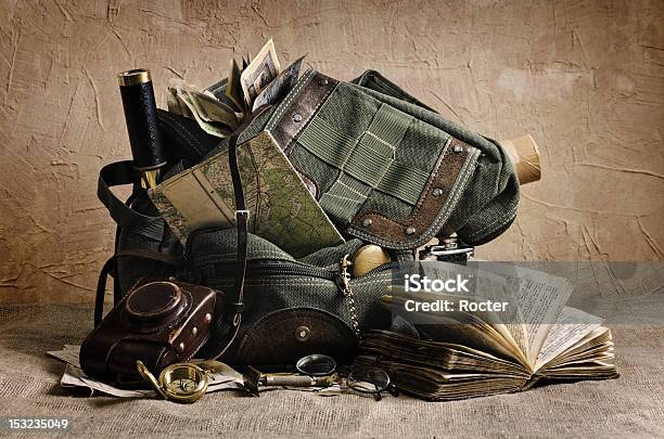 Travel Theme Still Life Stock Photo - Download Image Now - Navigational Compass, Bag, Book