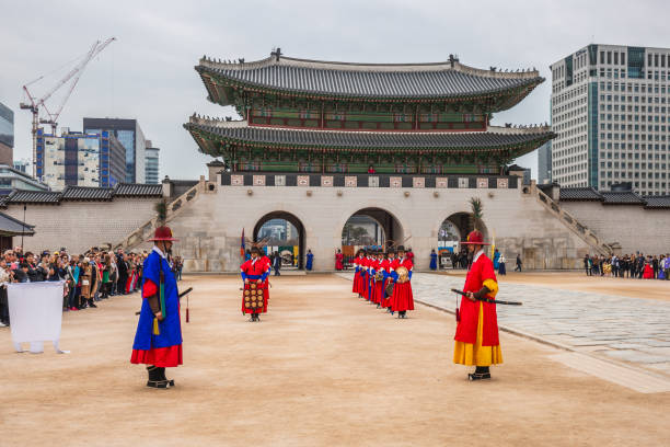The change of guard ceremony at Gyeongbokgung Palace. Ceremony of changing of the Royal Guard. Seoul, South Korea - March 23, 2023.