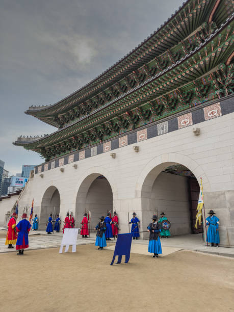 The change of guard ceremony at Gyeongbokgung Palace. Ceremony of changing of the Royal Guard. Seoul, South Korea - March 23, 2023.