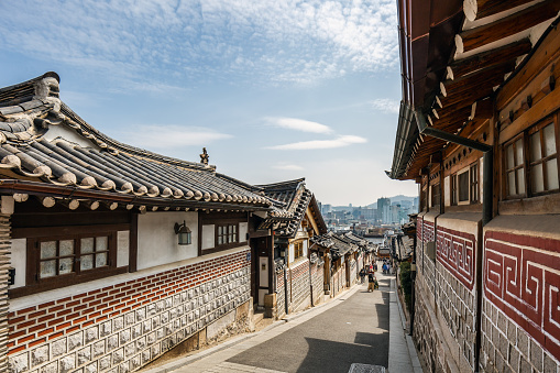 Bukchon Hanok Village is an old traditional Korean neighborhood without tourists. Seoul, South Korea - March 22, 2023.