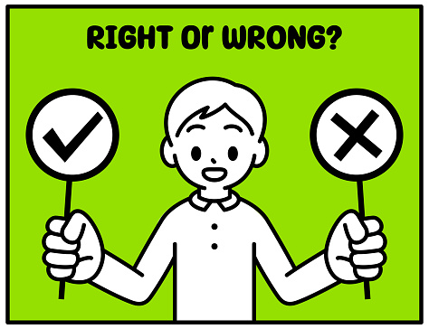 Minimalist Style Characters Designs Vector Art Illustration.
A boy with Right and Wrong Signs, true-false questions, and yes-no questions, looking at the viewer, with a minimalist style, black and white outline.