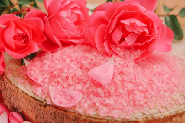 Pink salt, pink roses on a wooden saw cut in a green summer garden.Rose cosmetics salt. Aromatherapy and cosmetics.rose flowers and pink cosmetics salt