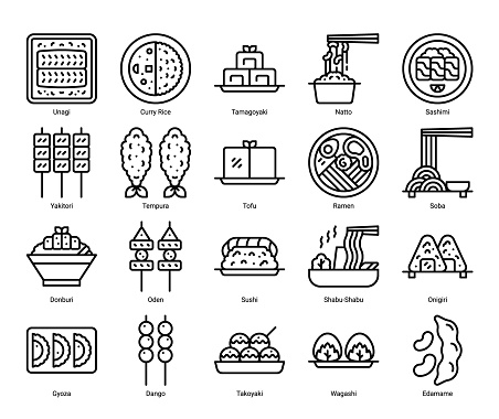 Japanese food icon set with line style, 
included as curry rice, sushi, ramen, dango, natto and more
