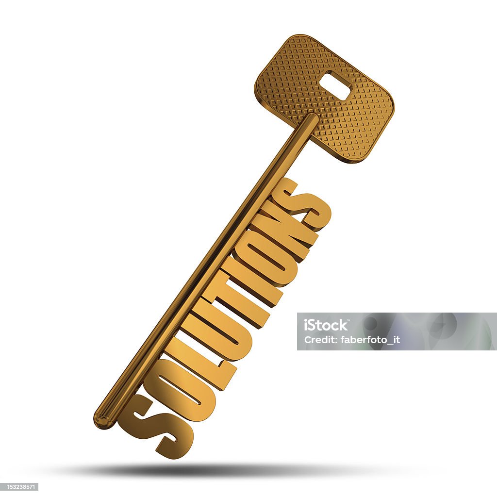 Solutions gold key Solutions gold key isolated on white  background - Gold key with Solutions text as symbol for success in business - Conceptual image Gold - Metal Stock Photo