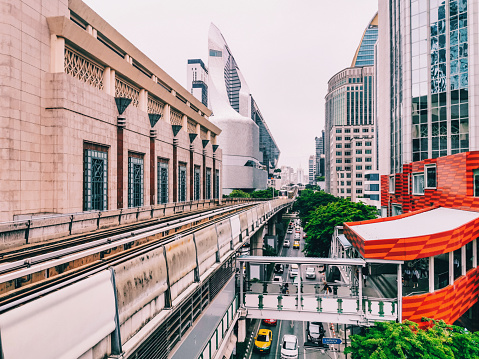 Bangkok, Thailand - July 25 2019 : Cityscape view of sky train is fastest transport mode in Bangkok.