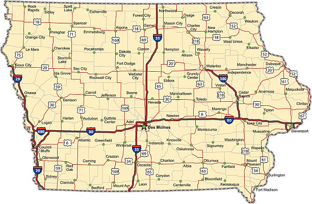 Iowa Highway Map Highway map of the state of Iowa with Interstates and US routes.  It also contains state routes and other major roads (not labeled).  It has  many cities on it as well (capitol and county seats).   iowa stock illustrations