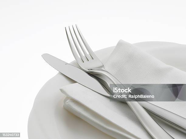 Napkin And Flatware On Dinner Plate Stock Photo - Download Image Now - Napkin, White Background, Silverware