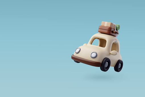 3d Vector Car with Luggage, Box and Green Mat, Holiday Vacation, Travel and Transport concept. Eps 10 Vector.